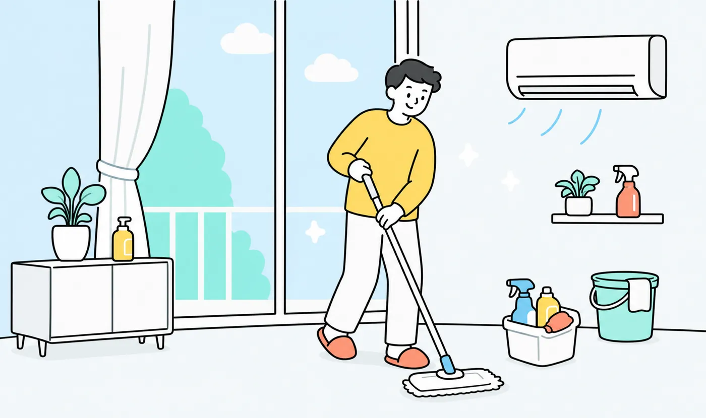 おそうじでピカピカになった明るい部屋のイラスト